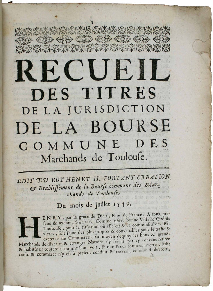Item #10272 Recueil des titres de la jurisdiction de la Bourse commune des Marchands de Toulouse. BOURSE DE TOULOUSE.