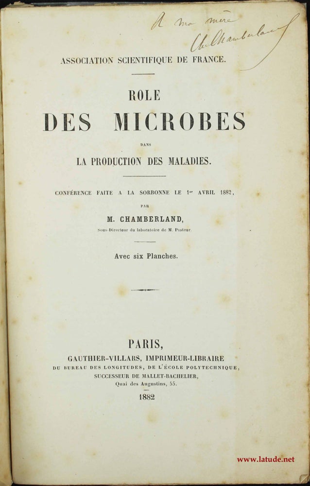 Item #11116 Rôle des microbes dans la production des maladies. Conférence faite à la Sorbonne le 1er avril 1882. Charles CHAMBERLAND.