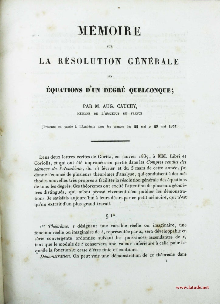 Item #11126 Mémoire sur la résolution générale des équations d'un degré quelconque. Augustin-Louis CAUCHY.
