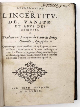 Item #12777 Déclamation sur l'incertitude, vanité et abus des sciences. Oeuvre qui peut...