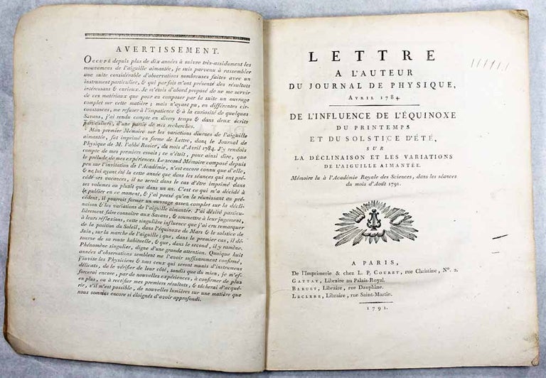 Item #12804 Lettre à l'auteur du Journal de Physique, avril 1784. De l'influence de l'équinoxe du printemps et du solstice d'été, sur la déclinaison et des variations de l'aiguille aimantée. Jean-Dominique CASSINI.