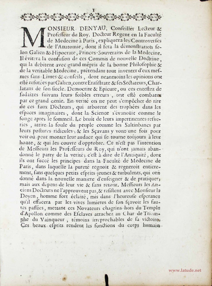 Item #12939 [Prospectus pour une démonstration d'anatomie au Collège de France.]. Alexandre-Michel DENYAU.
