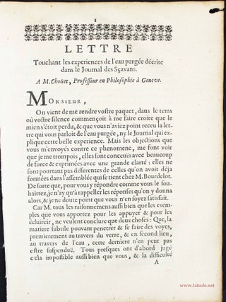 Item #12950 Lettre touchant les exp&eacute;riences de l'eau purg&eacute;e d&eacute;crite dans le Journal des...