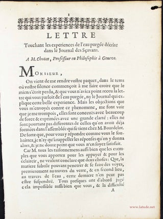 Item #12950 Lettre touchant les expériences de l'eau purgée décrite dans le Journal des...