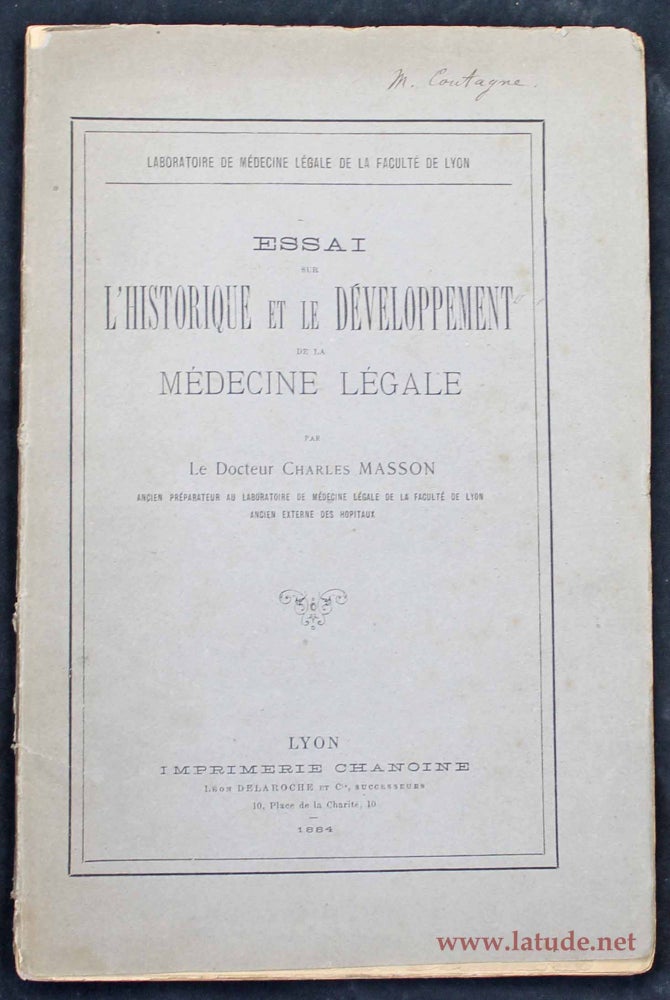 Item #13480 Essai sur l'historique et le développement de la médecine légale. Charles MASSON.