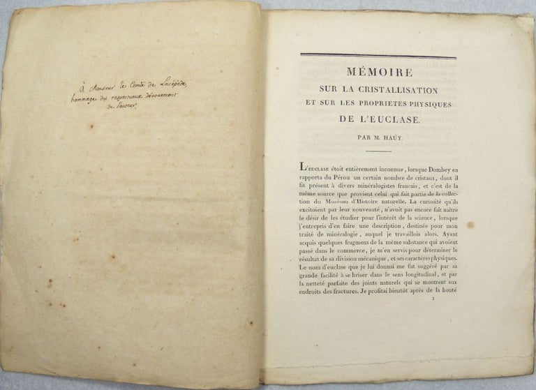 Item #13674 Mémoire sur la cristallisation et sur les propriétés physiques de l'euclase. René Just HAUY, BERZELIUS.