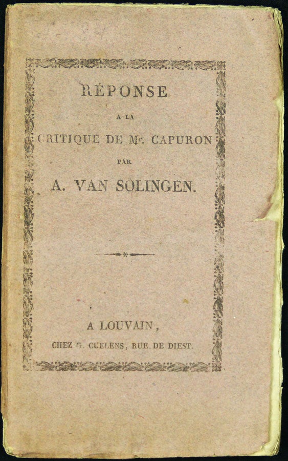 Item #13749 Réponse à la critique de Mr. CAPURON par A. van Solingen. Adriaan VAN SOLINGEN.