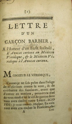 Item #13883 Lettre d'un garçon barbier à l'auteur d'un écrit intitulé...