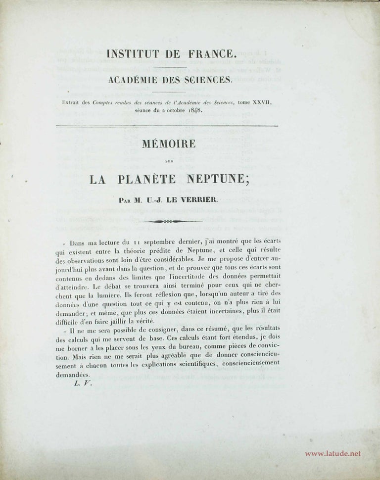 Item #14014 Mémoire sur la planète Neptune. Urbain LE VERRIER.