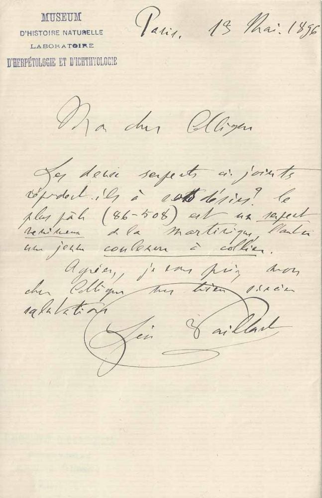 Item #15214 Lettre autographe signée à un collègue. Léon VAILLANT.