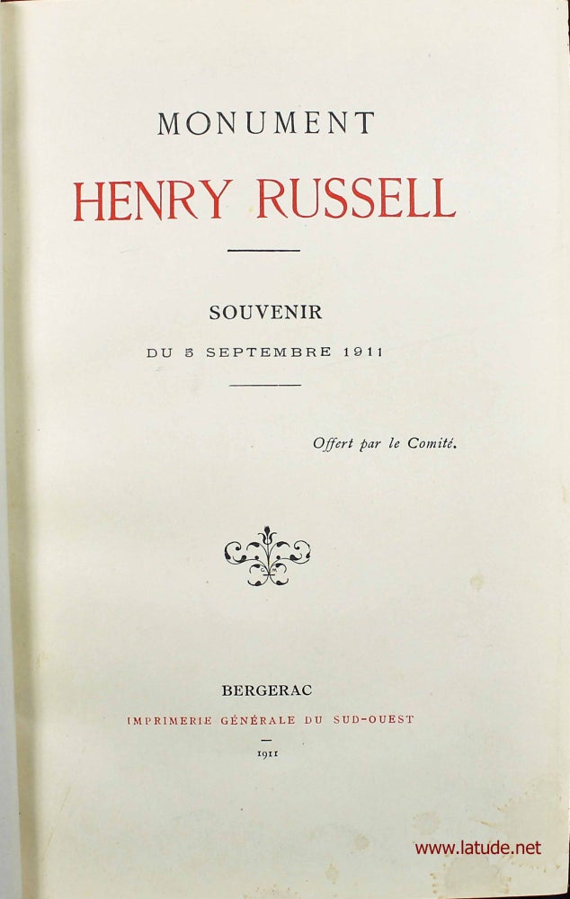 Item #15864 Monument Henry Russell. Souvenir du 5 Septembre 1911. Henry RUSSELL, BERALDI.