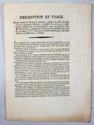 Item #15941 Description et usage d'une lampe &eacute;olipyle portative, propre &agrave; faire bouillir...