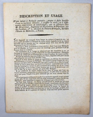 Item #15941 Description et usage d'une lampe éolipyle portative, propre à faire bouillir...