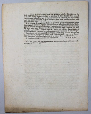 Description et usage d'une lampe éolipyle portative, propre à faire bouillir l'eau en quelques minutes, pour souffler le verre et à différentes expériences de minéralogie, qui se fabrique chez Dumotiez.