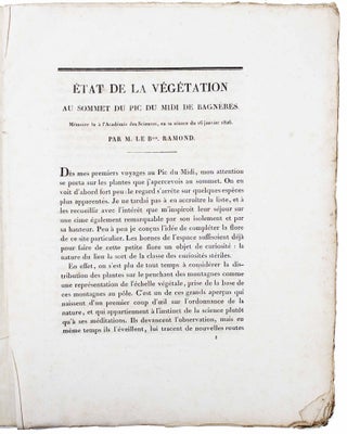 Etat de la végétation au sommet du Pic du Midi de Bagnères. Mémoire lu à l'Académie des Sciences, en sa séance du 16 janvier 1826.