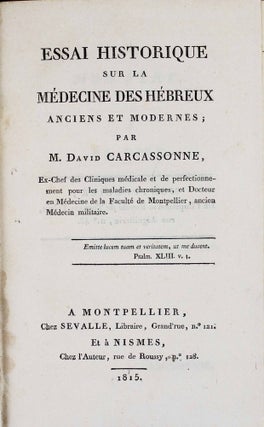 Item #16519 Essai historique sur la médecine des Hébreux anciens et modernes. David...