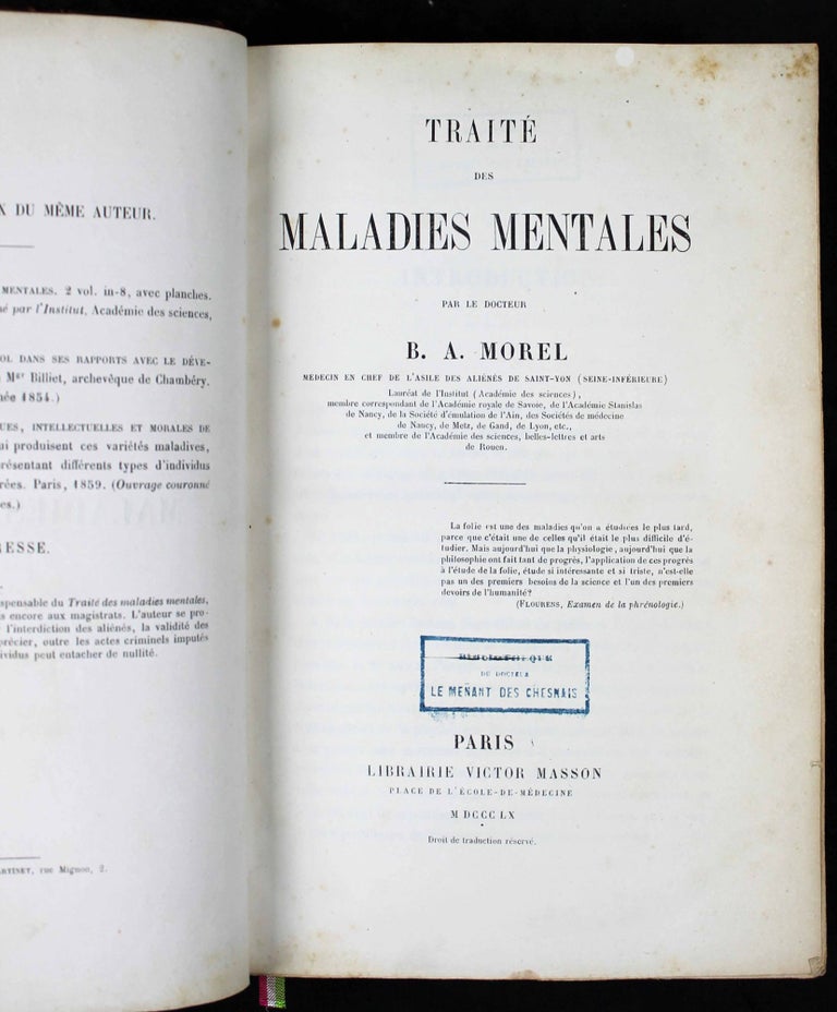 Item #16640 Traité des maladies mentales. B. A. MOREL.
