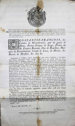 Item #16675 [Grande affiche d'un mandement publié par le Prince-Evêque de Liège à la suite...