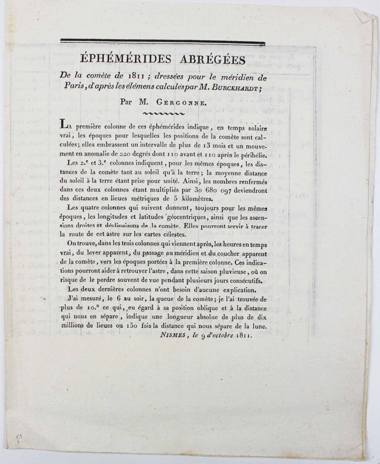 Item #16856 Ephémérides abrégées de la comète de 1811 ; dressées pour le méridien de Paris, d'après les élémens calculés par M. Burckhardt. GERGONNE.