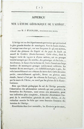 Item #17114 Aperçu sur l'étude géologique de l'Ariége. Jules FRANCOIS, de Neufchâteau