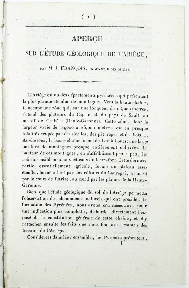 Item #17114 Aperçu sur l'étude géologique de l'Ariége. Jules FRANCOIS, de Neufchâteau.