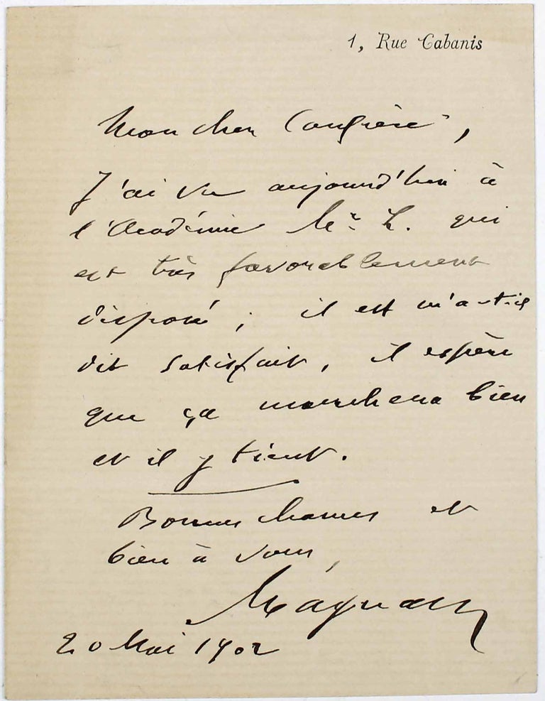 Item #17734 Lettre autographe signée. Valentin MAGNAN.