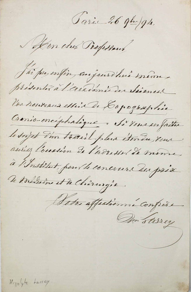 Item #17736 Lettre autographe signée. Hippolyte LARREY.