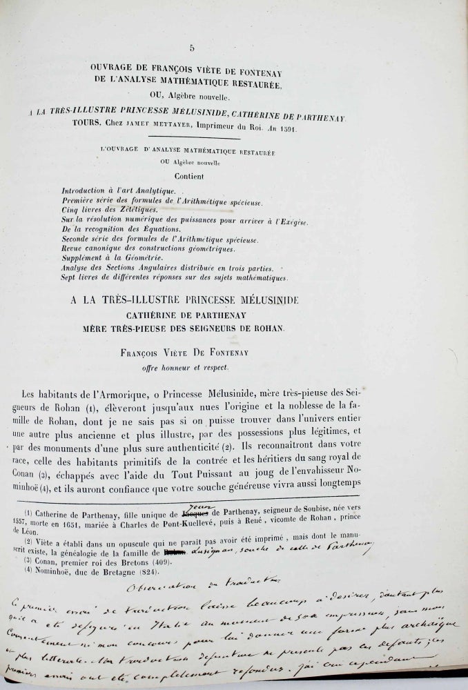 Item #17749 Introduction à l'art analytique par François Viète. [relié avec :] Première série de notes sur la logistique spécieuse par François Viète. François VIETE, RITTER.