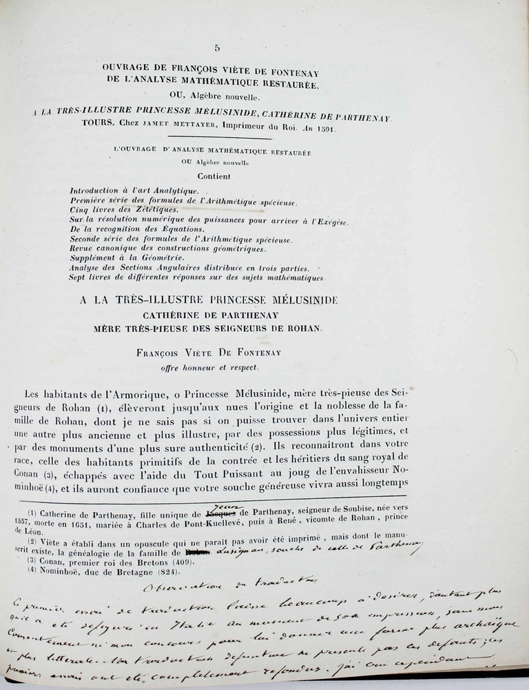Item #17749 Introduction &agrave; l'art analytique par Fran&ccedil;ois Vi&egrave;te. [reli&eacute; avec :] Premi&egrave;re s&eacute;rie de notes sur la logistique sp&eacute;cieuse par Fran&ccedil;ois Vi&egrave;te. Fran&ccedil;ois VIETE, RITTER.