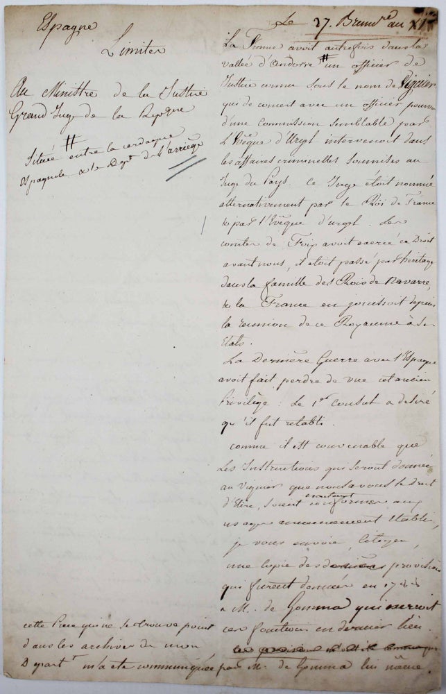 Item #17809 Manuscrit au sujet du rétablissement d'un viguier en Andorre. ANDORRE.