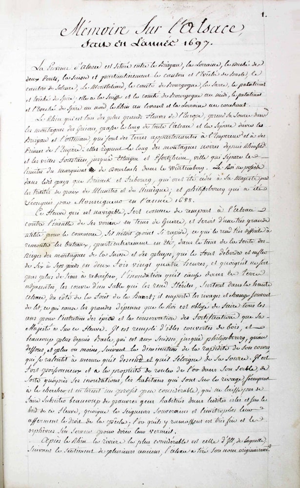 Item #17818 Mémoire sur l'Alsace fait en l'année 1697. Par ordre de Mr de La Grange intendant de cette province. Jacques François de LA GRANGE.
