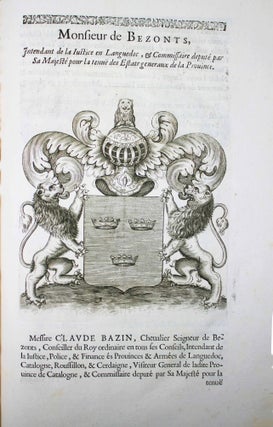 Recueil des tiltres, qualités, blazons et armes des seigneurs barons des Estats Généraux de la province de Languedoc tenus par son Altesse Sérénissisme Monseigneur le Prince de Conty, en la ville de Montpellier, l'année 1654.