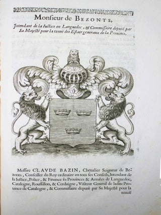 Recueil des tiltres, qualit&eacute;s, blazons et armes des seigneurs barons des Estats G&eacute;n&eacute;raux de la province de Languedoc tenus par son Altesse S&eacute;r&eacute;nissisme Monseigneur le Prince de Conty, en la ville de Montpellier, l'ann&eacute;e 1654.