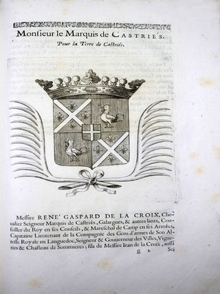 Recueil des tiltres, qualit&eacute;s, blazons et armes des seigneurs barons des Estats G&eacute;n&eacute;raux de la province de Languedoc tenus par son Altesse S&eacute;r&eacute;nissisme Monseigneur le Prince de Conty, en la ville de Montpellier, l'ann&eacute;e 1654.