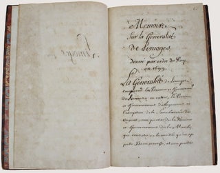 Item #18053 Mémoire de la Généralité de Limoges. Dressé par ordre du roy en 1699. Louis de...