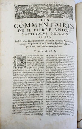 Les commentaires de M. P. André Matthiolus médecin senois, sur les six livres de Pedacius Dioscoride Anazerbeen de la matière medecinale.