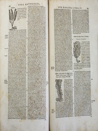 Les commentaires de M. P. Andr&eacute; Matthiolus m&eacute;decin senois, sur les six livres de Pedacius Dioscoride Anazerbeen de la mati&egrave;re medecinale.