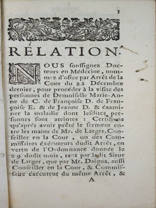 Relation de l'état de quelques personnes prétendues possédées. Faite d'autorité du Parlement de Toulouse. Par Me François Bayle & Me Henry Grangeron... Où ces docteurs expliquent clairement par les veritables principes de la physique, des éfets que l'on regarde ordinairement, comme prodigieux & surnaturels.
