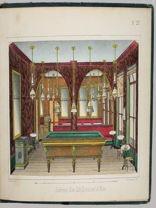Album de dessins de billards de l'exposition et autres : porte-queues et accessoirs, comptoirs et int&eacute;rieurs de caf&eacute;s-estaminets de Paris.