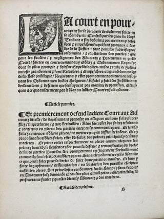 Articles de le stil & instructions nouvellement faictz par la souveraine court de Parlement de Provence &agrave; la requeste de messieurs les gens du roy, sur l' abbreviation des proces & playderies utilz & necessayres a tous officiers de justice & a tous advocatz & procureurs de la dicte court de Parlement et d'aultres cours inf&eacute;rieures publi&eacute;es &agrave; l'audience le quatorzi&egrave;me jour de f&eacute;bvrier l'An 1542.