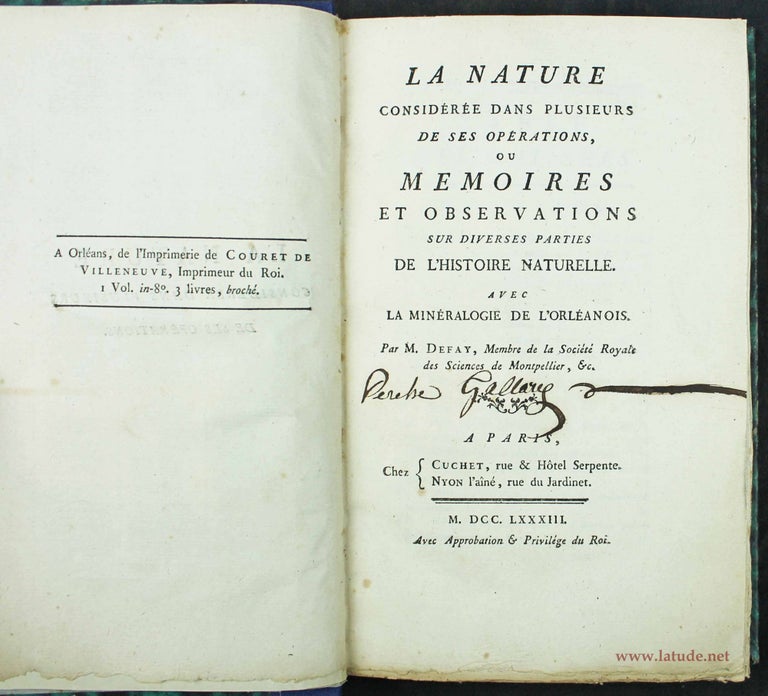 Item #3802 La nature considérée dans plusieurs de ses opérations ou mémoires et observations sur diverses parties de l'histoire naturelle avec la minéralogie de l'Orléanais. DEFAY.