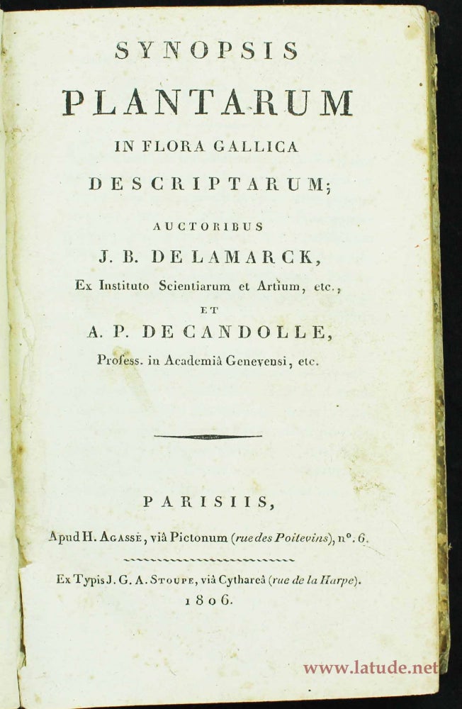 Item #4202 Synopsis plantarum in flora Gallica descriptarum. Auctoribus J.B. de Lamarck et A. P. de Candolle. Augustin Pyramidus de CANDOLLE.