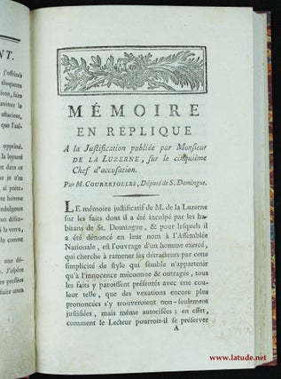 Mémoire en réplique à la justification publiée par M. de la Luzerne, sur le cinquième chef d'accusation. Par M. Courrejolles, Député de Saint Domingue.