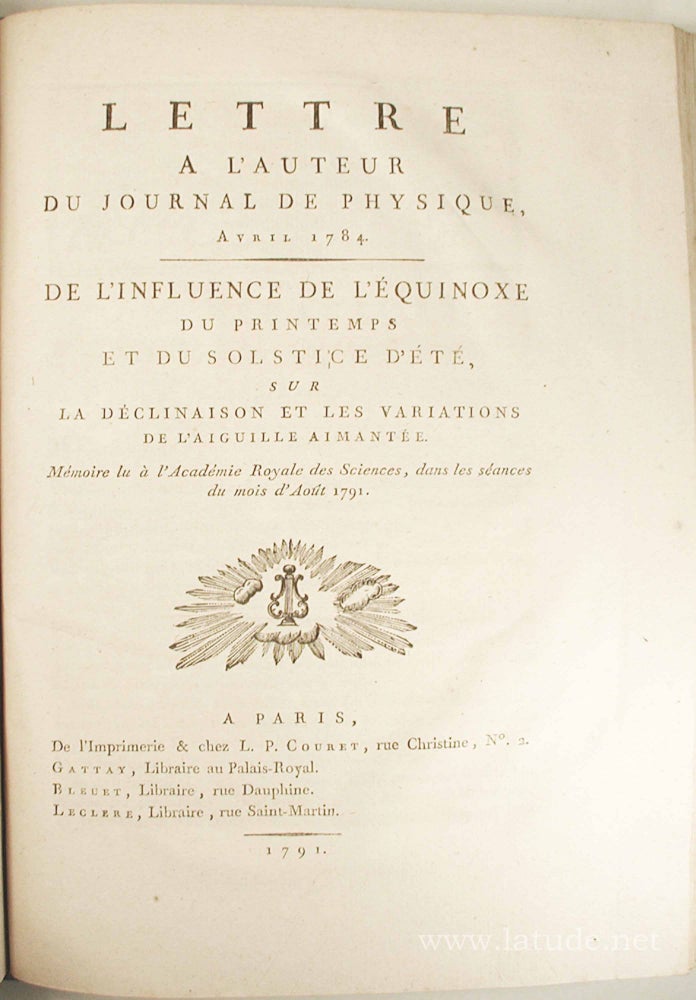 Item #9283 Lettre à l'auteur du Journal de Physique, avril 1784. De l'influence de l'équinoxe du printemps et du solstice d'été, sur la déclinaison et des variations de l'aiguille aimantée. [Avec : ] - Description géométrique de la France. Jean-Dominique CASSINI.